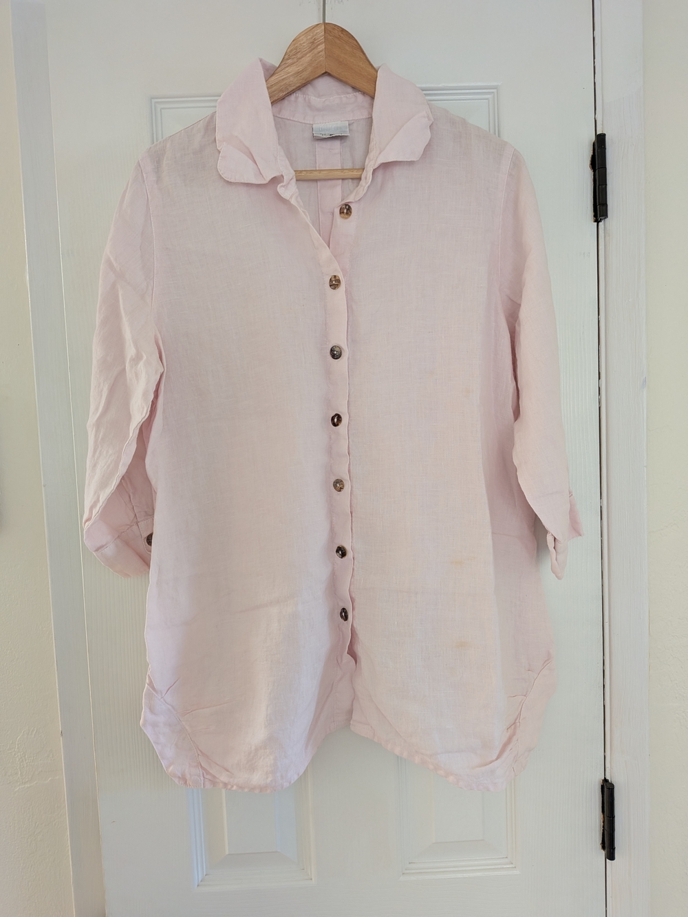 Click Womens Pink 100% Linen 3/4 Sleeve Button Up Collared Shirt Size M